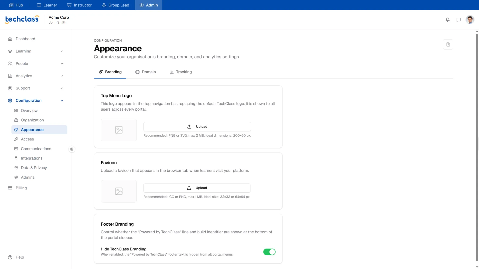 Appearance Branding Tab - Footer Hidden