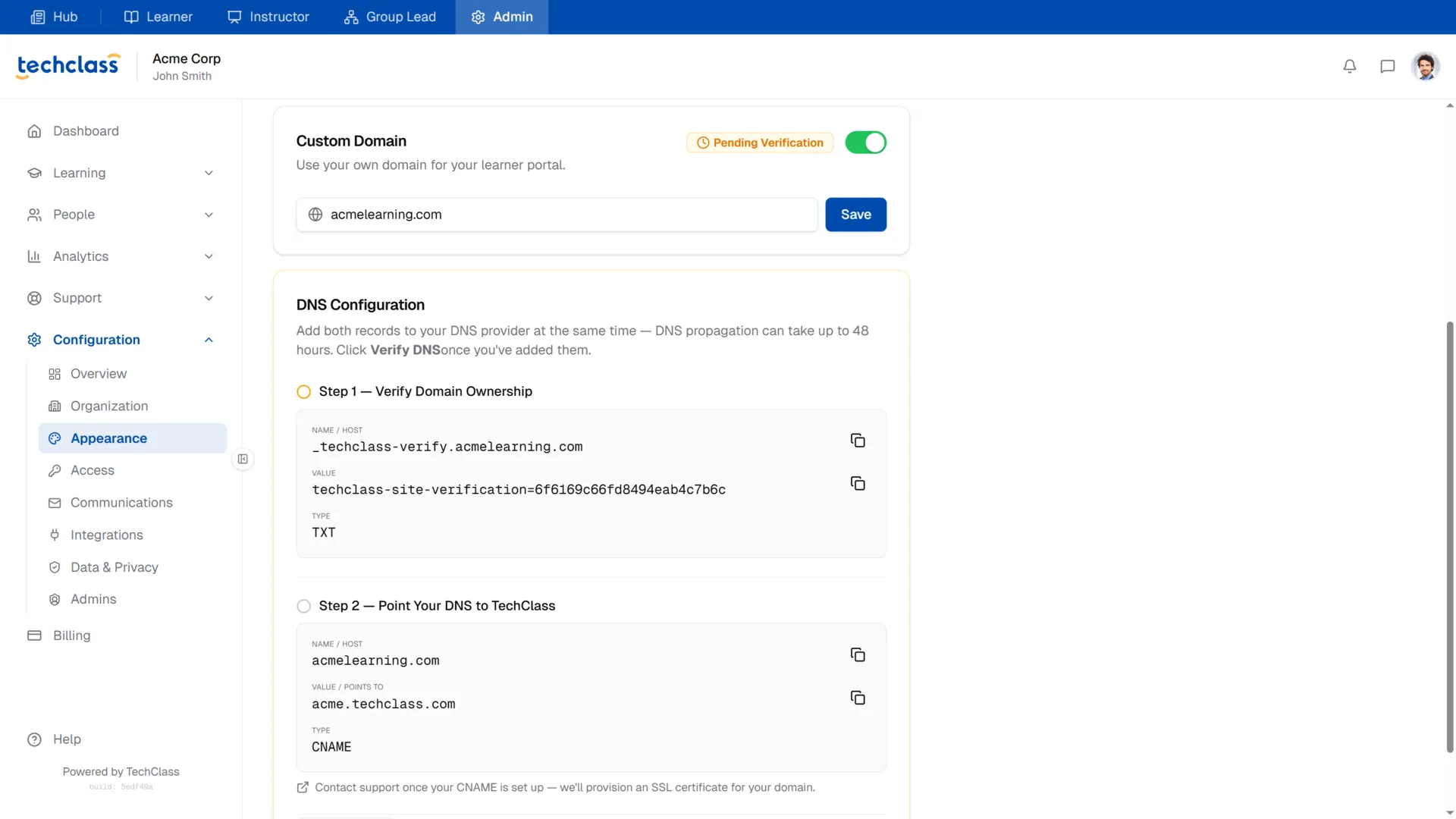 Appearance Domain Tab - Verification