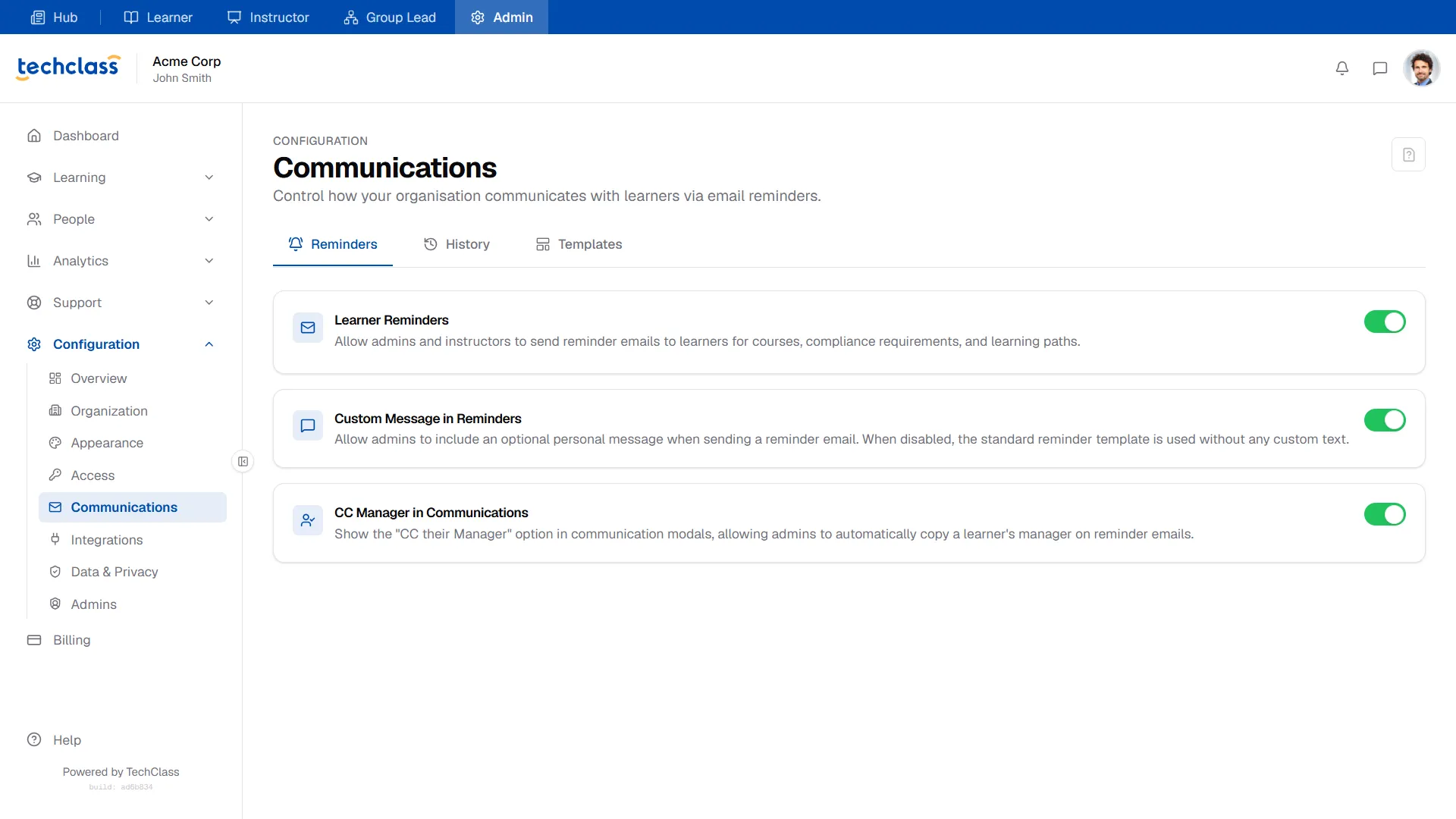Communications Reminders Tab