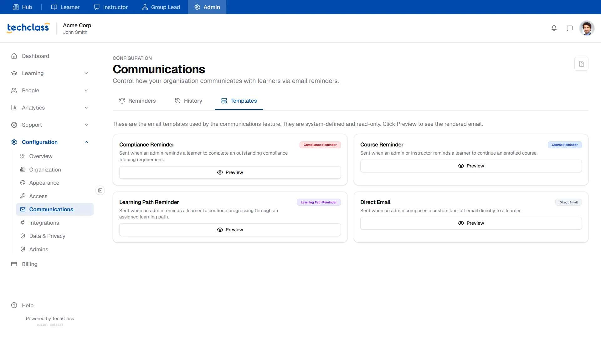 Communications Templates Tab
