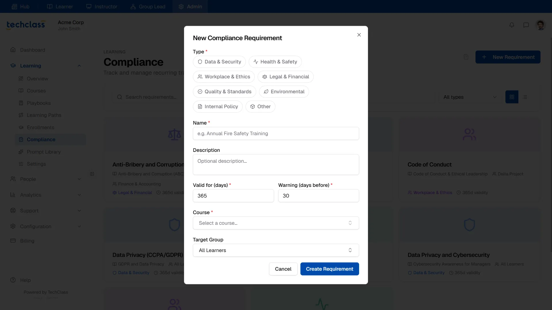 New Compliance Requirement Modal