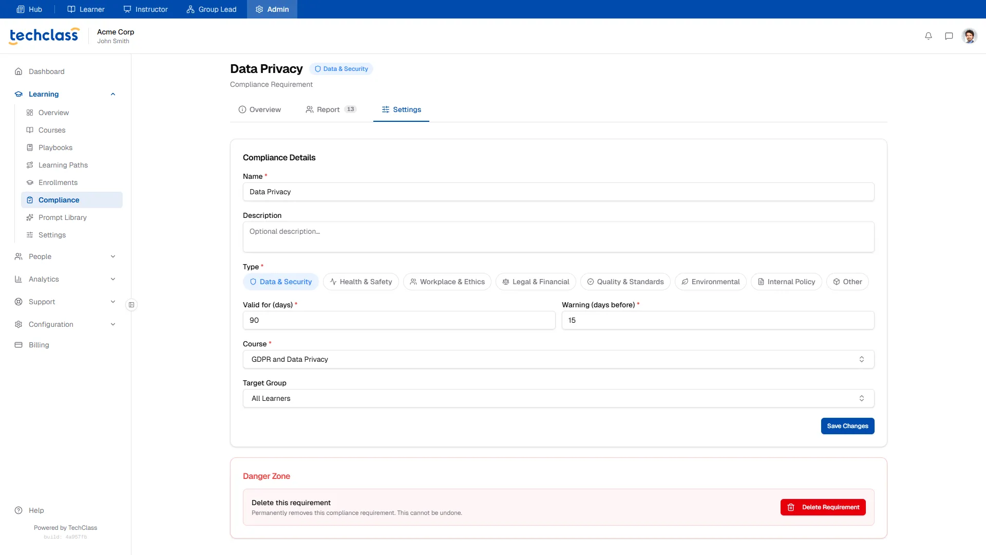 Compliance Settings Tab
