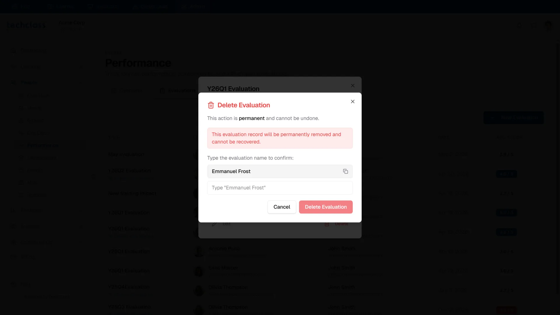 Delete Evaluation Confirmation